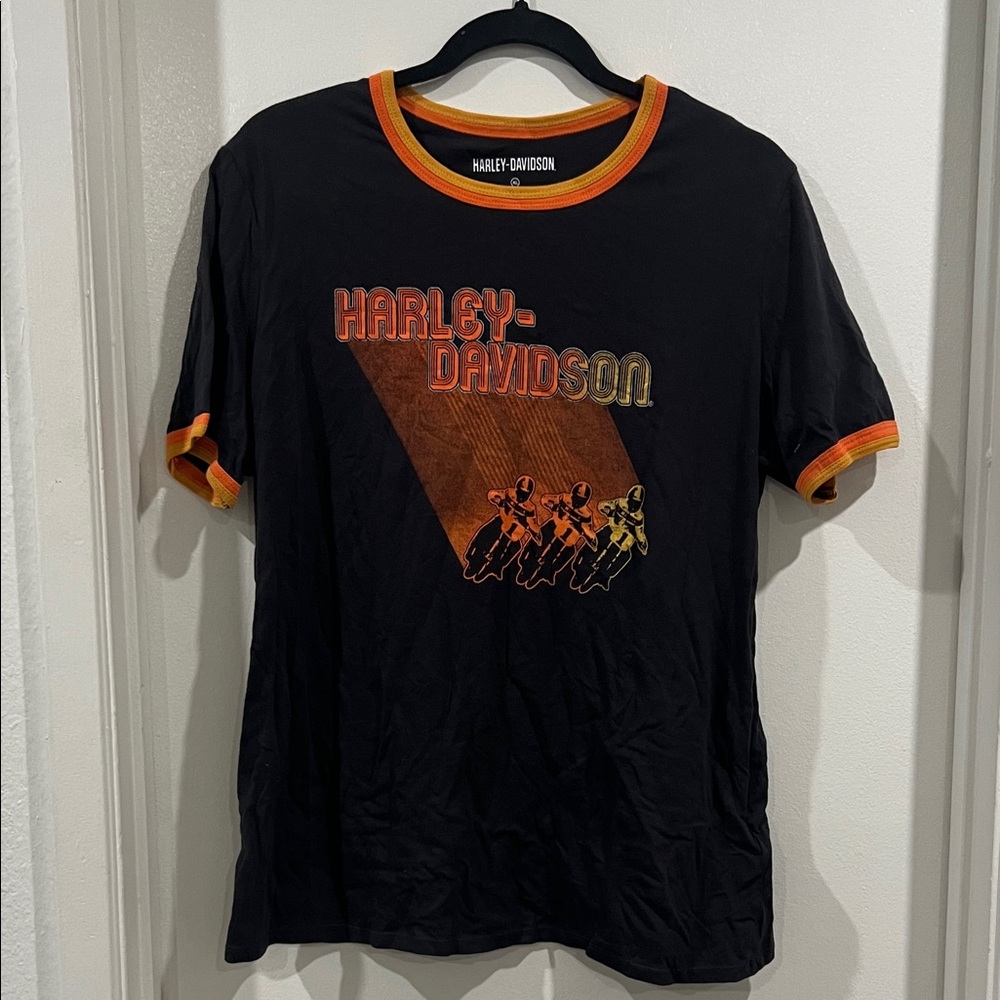 Harley-Davidson Ombré Racer Black Tee Orange Yellow Retro Motorcycle Graphic